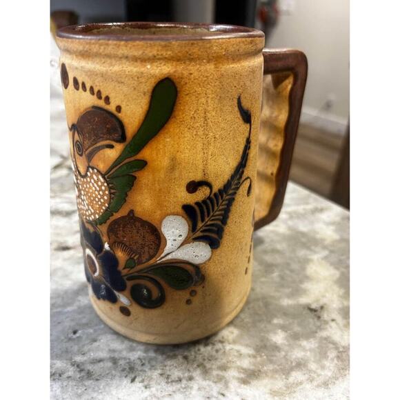 Signed Netzi Tonala Mexico Pottery Large Mug Bird Handle Tall Hand Painted stein - Picture 2 of 4